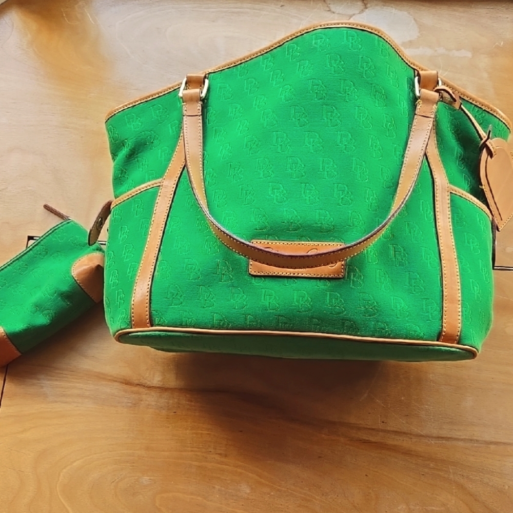 Dooney &Bourke Green and Tan Suede Tote with Leather Trim